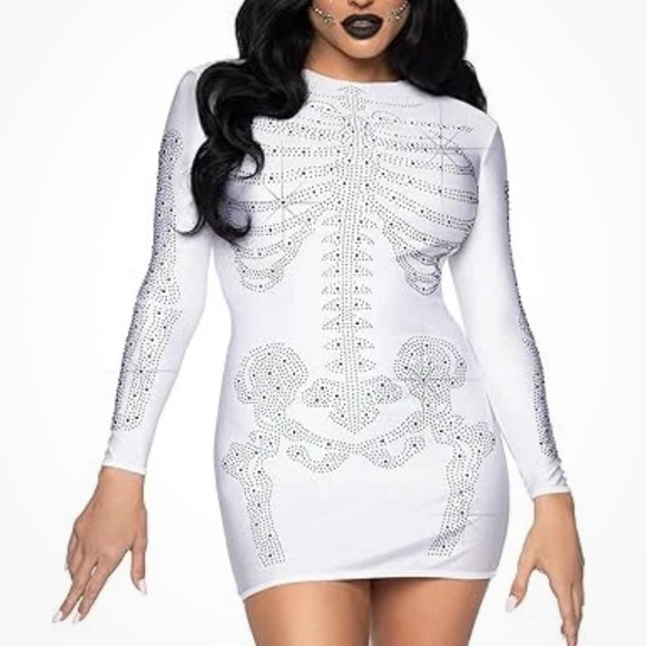 White dress silky mini skull bones skeleton metallic crystal rhinestone costume - Picture 1 of 4